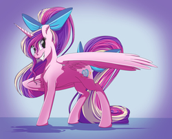 Size: 4264x3442 | Tagged: safe, artist:bratzoid, princess cadance, alicorn, pony, g4, bow, concave belly, female, hair bow, high res, mare, multicolored hair, smiling, solo, teen princess cadance, younger