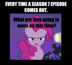 Size: 550x494 | Tagged: safe, edit, edited screencap, screencap, pinkie pie, earth pony, pony, bats!, g4, season 7, background pony strikes again, drama, image macro, meme, mouthpiece, op is a duck, unamused