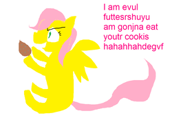 Size: 964x720 | Tagged: safe, fluttershy, pony, g4, cookie, evil, female, food, solo