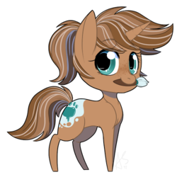 Size: 500x500 | Tagged: safe, artist:curiouskeys, oc, oc only, oc:clutter cluster, pony, unicorn, chibi, cute, diabetes, female, freckles, gift art, looking at you, mare, mouth hold, paintbrush, simple background, smiling, solo, transparent background