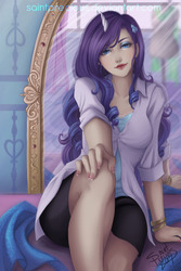 Size: 792x1188 | Tagged: safe, artist:saintprecious, rarity, human, g4, female, horn, horned humanization, humanized, lipstick, looking at you, mirror, nail polish, reflection, solo