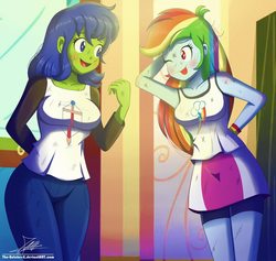 Size: 1796x1704 | Tagged: safe, artist:the-butch-x, rainbow dash, oc, oc:rally flag, oc:sky pennant, equestria girls, g4, blushing, clothes, compression shorts, duo, equestria guys, hand on hip, injured, messy, rule 63, smiling, tongue out