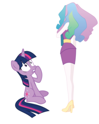 Size: 7390x9206 | Tagged: safe, artist:amarthgul, princess celestia, twilight sparkle, pony, unicorn, equestria girls, g4, absurd resolution, book, clothes, female, high heels, mare, nicole oliver, powerpuff girls z, sara bellum, shoes, simple background, skirt, transparent background, unicorn twilight, vector, voice actor joke