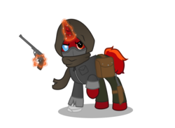 Size: 1575x1150 | Tagged: safe, artist:firefall-mlp, oc, oc only, oc:firefall, pony, unicorn, clothes, crossover, fallout, gun, looking at you, magic, male, pants, raised hoof, saddle bag, simple background, solo, stallion, transparent background, weapon