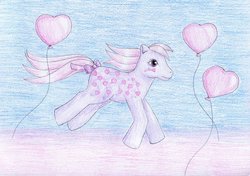 Size: 1024x719 | Tagged: safe, artist:normaleeinsane, love melody, pony, g1, balloon, female, solo, traditional art