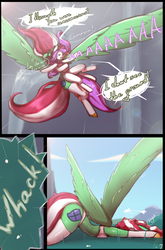 Size: 1265x1920 | Tagged: safe, artist:darkestmbongo, oc, oc only, oc:d.d, unnamed oc, earth pony, pegasus, anthro, comic:ddthemaid memories, arm hooves, armpits, bra, breast squish, breasts, circling stars, clothes, dialogue, face down ass up, faceplant, flashback, holding, panties, screaming, underwear, whack, wings