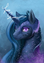 Size: 1181x1670 | Tagged: safe, artist:treesway, nightmare moon, princess luna, alicorn, pony, g4, armor, bust, digital art, duality, female, helmet, looking at you, magic, mare, portrait, solo, transformation