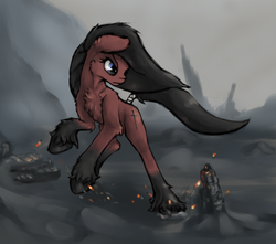 Size: 4000x3535 | Tagged: safe, artist:thelittlesnake, oc, oc only, earth pony, pony, angry, ash, blue eyes, chest fluff, embers, female, fire, fluffy, long mane, mare, solo, tail wrap, unshorn fetlocks, volcano