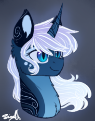 Size: 870x1102 | Tagged: safe, artist:cloud-drawings, princess luna, alicorn, pony, g4, alternate design, bust, chest fluff, curved horn, female, horn, i can't believe it's not magnaluna, mare, portrait, solo, style emulation, white-haired luna