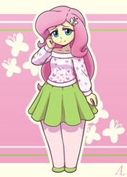 Size: 1000x1400 | Tagged: safe, artist:acesrockz, fluttershy, equestria girls, g4, clothes, cute, female, looking at you, shyabetes, skirt, smiling, solo, sweater, sweatershy