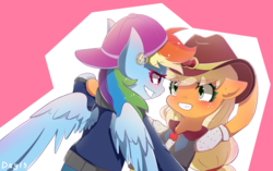 Size: 1400x880 | Tagged: safe, artist:irenla, applejack, rainbow dash, earth pony, pegasus, pony, dance magic, equestria girls, equestria girls specials, g4, backwards ballcap, baseball cap, blushing, cap, clothes, duo, female, freckles, hat, lesbian, looking at each other, mare, rapper dash, ship:appledash, shipping, smiling