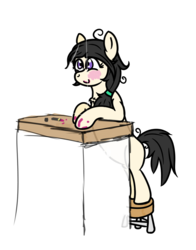 Size: 744x950 | Tagged: artist needed, safe, oc, oc only, oc:floor bored, earth pony, pony, 4chan, bipedal, bipedal leaning, blushing, female, leaning, lipstick, mare, mirror, smiling, solo, stool