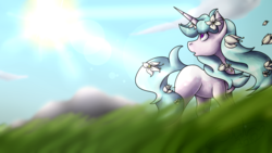 Size: 1920x1080 | Tagged: safe, artist:sketchthebluepegasus, oc, oc only, oc:sweet lily, pony, unicorn, female, flower, grass, lens flare, lily (flower), mare, solo, sun, windswept mane