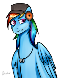 Size: 1140x1540 | Tagged: safe, artist:xanderserb, rainbow dash, pegasus, pony, g4, crossover, dog tags, female, hat, headphones, mare, my little fortress, scout (tf2), solo, team fortress 2