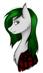 Size: 807x1357 | Tagged: safe, artist:xanderserb, oc, oc only, oc:rannveig, pony, bust, green, red shirt, smiling, solo