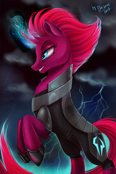Size: 3000x4500 | Tagged: safe, artist:das_leben, tempest shadow, pony, unicorn, g4, my little pony: the movie, armor, broken horn, cloud, concave belly, curved horn, dark clouds, electricity, female, fluffy, high res, horn, mare, rearing, slender, solo, sparking horn, thin