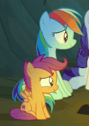 Size: 420x590 | Tagged: safe, screencap, rainbow dash, rarity, scootaloo, pegasus, pony, campfire tales, g4, season 7, animated, camping, cave, cropped, cute, cutealoo, female, filly, gif, mare, sitting