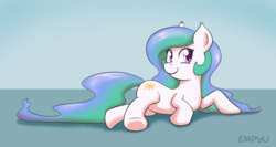 Size: 1000x533 | Tagged: safe, artist:empyu, princess celestia, earth pony, pony, g4, :t, blue background, cute, cutelestia, earth pony celestia, faic, female, looking at you, mare, missing accessory, prone, race swap, simple background, smiling, smirk, solo, twiface