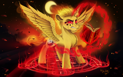 Size: 4460x2790 | Tagged: safe, artist:das_leben, oc, oc only, oc:hairwhite, alicorn, pony, alicorn oc, angry, book, crescent moon, crying, high res, magic, magic circle, moon, pentagram, signature, solo, spellbook