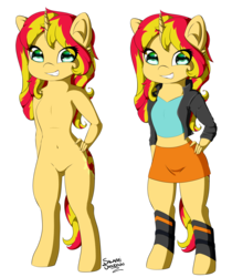 Size: 1942x2313 | Tagged: safe, artist:salamishowdown, sunset shimmer, unicorn, anthro, unguligrade anthro, equestria girls, g4, belly, belly button, chibi, clothes, featureless crotch, female, hand, horn, midriff, short shirt, simple background, skirt, solo, transparent background