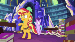 Size: 960x540 | Tagged: safe, edit, edited screencap, screencap, starlight glimmer, sunset shimmer, pony, unicorn, equestria girls, equestria girls specials, g4, my little pony equestria girls: mirror magic, anatomically incorrect, animated, bipedal, book, breath, caption, cute, duo, female, gif, grimace, hooves on hips, in the human world for too long, incorrect leg anatomy, it happened, library, mare, pawing the ground, portal, raised eyebrow, raised hoof, shimmerbetes, text, twilight's castle, twilight's castle library, weirded out