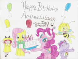 Size: 3328x2544 | Tagged: safe, fluttershy, pinkie pie, pony, g4, andrea libman, balloon, birthday cake, birthday present, cake, care bears, care bears adventures of care a lot, food, happy birthday, harmony bear, high res, madeline, maya the bee, traditional art, voice actor joke