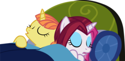Size: 5097x2512 | Tagged: safe, artist:ironm17, cayenne, citrus blush, pony, unicorn, g4, bed, citruyenne, eyes closed, female, lesbian, mare, pillow, shipping, simple background, sleeping, transparent background, vector