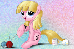 Size: 3000x2000 | Tagged: safe, artist:songbirdserenade, oc, oc only, pegasus, pony, andrea libman, coffee, female, high res, knitting, mare, solo, yarn