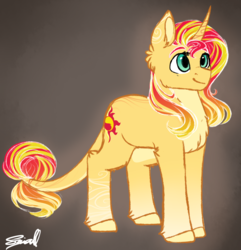Size: 1589x1648 | Tagged: safe, artist:cloud-drawings, sunset shimmer, classical unicorn, pony, unicorn, g4, curved horn, cute, female, horn, leonine tail, signature, solo, unshorn fetlocks