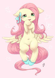 Size: 1000x1414 | Tagged: safe, artist:yanamosuda, fluttershy, pegasus, pony, g4, adorasexy, belly button, butt wings, cute, female, floppy ears, hooves to the chest, looking at you, lying down, mare, on back, open mouth, sexy, shyabetes, solo, spread wings, wings