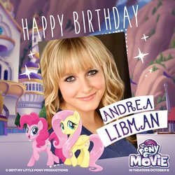 Size: 1200x1200 | Tagged: safe, fluttershy, pinkie pie, human, g4, my little pony: the movie, official, andrea libman, happy birthday, irl, irl human, my little pony logo, photo