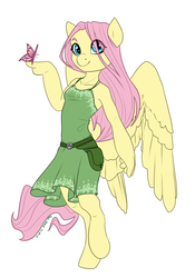 Size: 1024x1463 | Tagged: safe, artist:joan-grace, fluttershy, butterfly, pegasus, anthro, unguligrade anthro, g4, alternate universe, clothes, dress, female, mare, rebellion, simple background, solo, white background