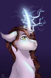 Size: 1626x2466 | Tagged: safe, artist:cookiemoonloo, oc, oc only, oc:ignis, pony, unicorn, bust, curved horn, electricity, horn, magic, male, portrait, solo, stallion