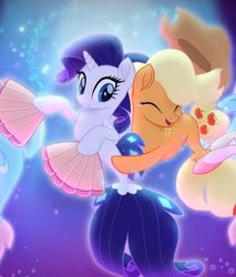 Size: 503x589 | Tagged: safe, screencap, applejack, rarity, earth pony, seapony (g4), unicorn, g4, my little pony: the movie, applejack's hat, bubble, cowboy hat, crepuscular rays, cropped, dancing, dorsal fin, eyelashes, eyes closed, fan, female, fin, fish tail, flowing mane, flowing tail, glowing, hat, horn, hug, mare, ocean, open mouth, open smile, scales, seaponified, seapony applejack, seapony rarity, seaquestria, smiling, species swap, tail, underwater, water