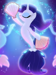Size: 551x737 | Tagged: safe, screencap, rarity, seapony (g4), unicorn, g4, my little pony: the movie, bubble, colored pupils, cropped, dancing, eyes closed, fan, female, fish tail, flowing mane, flowing tail, horn, one small thing, seaponified, seapony rarity, seaquestria, seashell, smiling, species swap, tail, underwater, water, youtube link