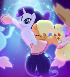 Size: 588x645 | Tagged: safe, screencap, applejack, rarity, pony, seapony (g4), g4, my little pony: the movie, commercial, cropped, cute, dancing, fan, female, jackabetes, offscreen character, seaponified, seapony applejack, seapony rarity, shipping fuel, species swap, unamused, underwater