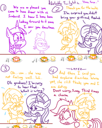 Size: 1280x1611 | Tagged: safe, artist:adorkabletwilightandfriends, roseluck, spike, starlight glimmer, sunburst, twilight sparkle, dragon, pony, unicorn, comic:adorkable twilight and friends, g4, adorkable twilight, comic, dialogue, food, lineart, muffin, pepper, simple background, slice of life