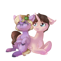 Size: 3000x3000 | Tagged: safe, artist:rizzych, oc, oc only, oc:dungeon toaster, oc:omkol, pony, unicorn, couple, curved horn, dunkol, ear fluff, glasses, high res, horn, smiling, unshorn fetlocks