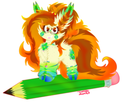 Size: 1024x849 | Tagged: safe, artist:vanillaswirl6, oc, oc only, oc:historic shine, earth pony, pony, cheek fluff, chest fluff, chibi, ear fluff, female, fluffy, freckles, glasses, hoof fluff, mare, pencil, ponysona, ponytail, rainbow power, sharp teeth, shoulder fluff, shoulder freckles, solo, teeth, tiny ponies, tongue out