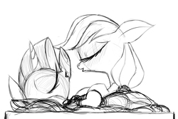 Size: 1500x1000 | Tagged: safe, artist:talonsofwater, applejack, rarity, pony, g4, eyes closed, female, imminent kissing, lesbian, ship:rarijack, shipping, sketch, snow white