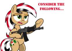 Size: 3507x2481 | Tagged: safe, artist:pananovich, oc, oc:syriana, earth pony, pony, /mlpol/, aks-74u, assault rifle, bipedal, consider the following, female, gun, high res, nation ponies, ponified, rifle, simple background, syria, text, transparent background, underhoof, weapon