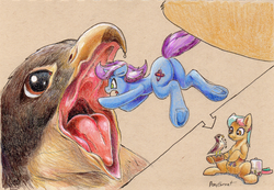 Size: 2543x1758 | Tagged: safe, artist:php187, oc, oc only, oc:aerie rufter, oc:gyro tech, falcon, pony, unicorn, butt, eaten alive, mawshot, micro, open mouth, plot, predation, swallowing, traditional art, vore