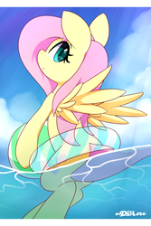 Size: 720x1080 | Tagged: safe, artist:dshou, fluttershy, pegasus, pony, g4, ball, beach ball, cute, female, inner tube, life preserver, looking at you, looking back, ocean, shyabetes, smiling, solo, water