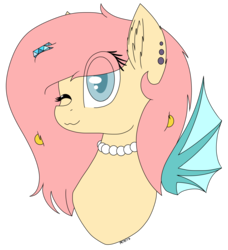 Size: 1642x1799 | Tagged: safe, artist:kawurin, oc, oc only, oc:crystal swindle, bat pony, pony, bust, female, jewelry, mare, necklace, one eye closed, pearl necklace, portrait, solo, wink