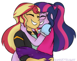 Size: 544x434 | Tagged: safe, artist:sunsetslight, sci-twi, sunset shimmer, twilight sparkle, equestria girls, g4, bridal carry, duo, eyes closed, female, hug, lesbian, ponytail, ship:sci-twishimmer, ship:sunsetsparkle, shipping, simple background, smiling, transparent background