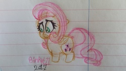 Size: 3264x1836 | Tagged: safe, artist:binkyt11, derpibooru exclusive, fluttershy, pegasus, pony, chibi, female, lined paper, looking down, mare, shy, solo, traditional art, wingding eyes