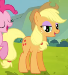 Size: 344x379 | Tagged: safe, screencap, applejack, pinkie pie, pony, g4, season 7, commercial, eyeshadow, makeup