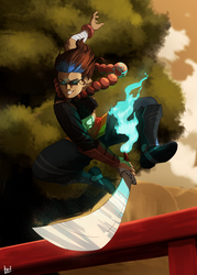 Size: 2000x2800 | Tagged: safe, artist:elzielai, oc, oc only, oc:playthrough, human, clothes, commission, fire, glaive, glasses, high res, humanized, humanized oc, jumping, monk, rpg, smiling, solo, sword, tree, weapon