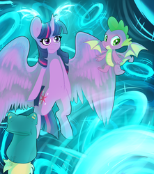 Size: 1024x1158 | Tagged: safe, artist:tigra0118, spike, twilight sparkle, alicorn, dragon, pony, g4, crossover, duo, female, flying, hilarious in hindsight, male, mare, older, older spike, portal, spread wings, twilight sparkle (alicorn), wakfu, winged spike, wings