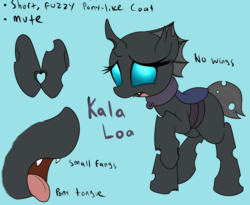 Size: 1198x984 | Tagged: safe, artist:datte-before-dawn, oc, oc only, oc:kala'loa, changeling, changeling oc, collar, cuteling, eyelashes, fangs, female, heart, open mouth, reference sheet, short tail, solo, tongue out